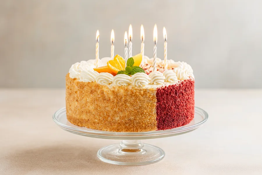 Classic birthday cake with lit candles