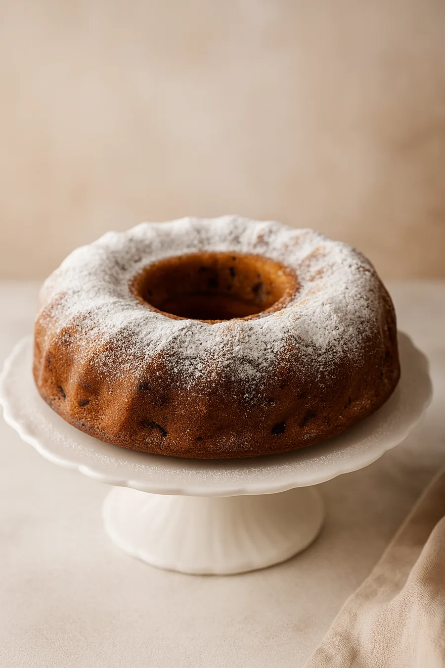 Traditional ring-shaped raisin cake dusted with powdered sugar on a wooden board