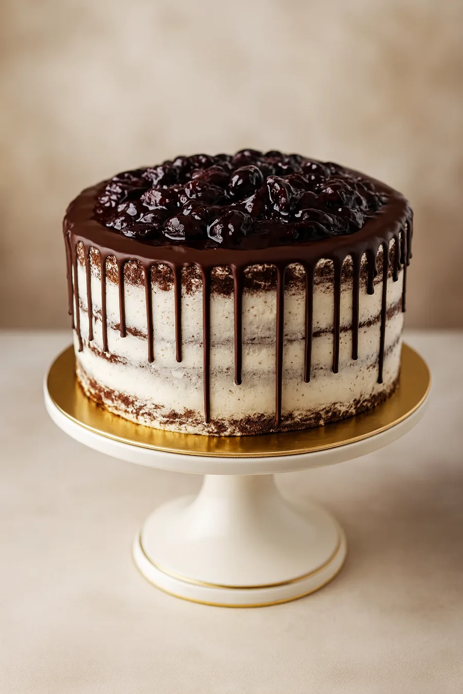 Semi-naked chocolate layer cake with dark ganache drip and cherry compote, sized for a party of twelve to sixteen