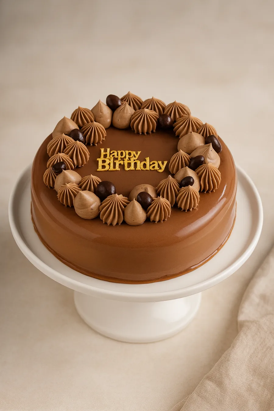 Milk chocolate mirror glaze birthday cake with two-tone piped kisses