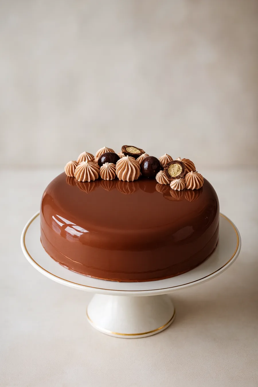 Glossy chocolate mirror glaze cake with cream rosettes and hazelnut truffles, ready to be boxed for transport
