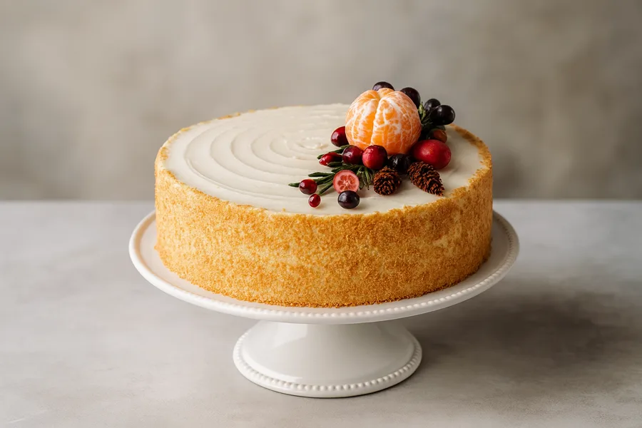 Baked cranberry and mandarin cheesecake with a spiral cream top, cranberries and rosemary on a white plate