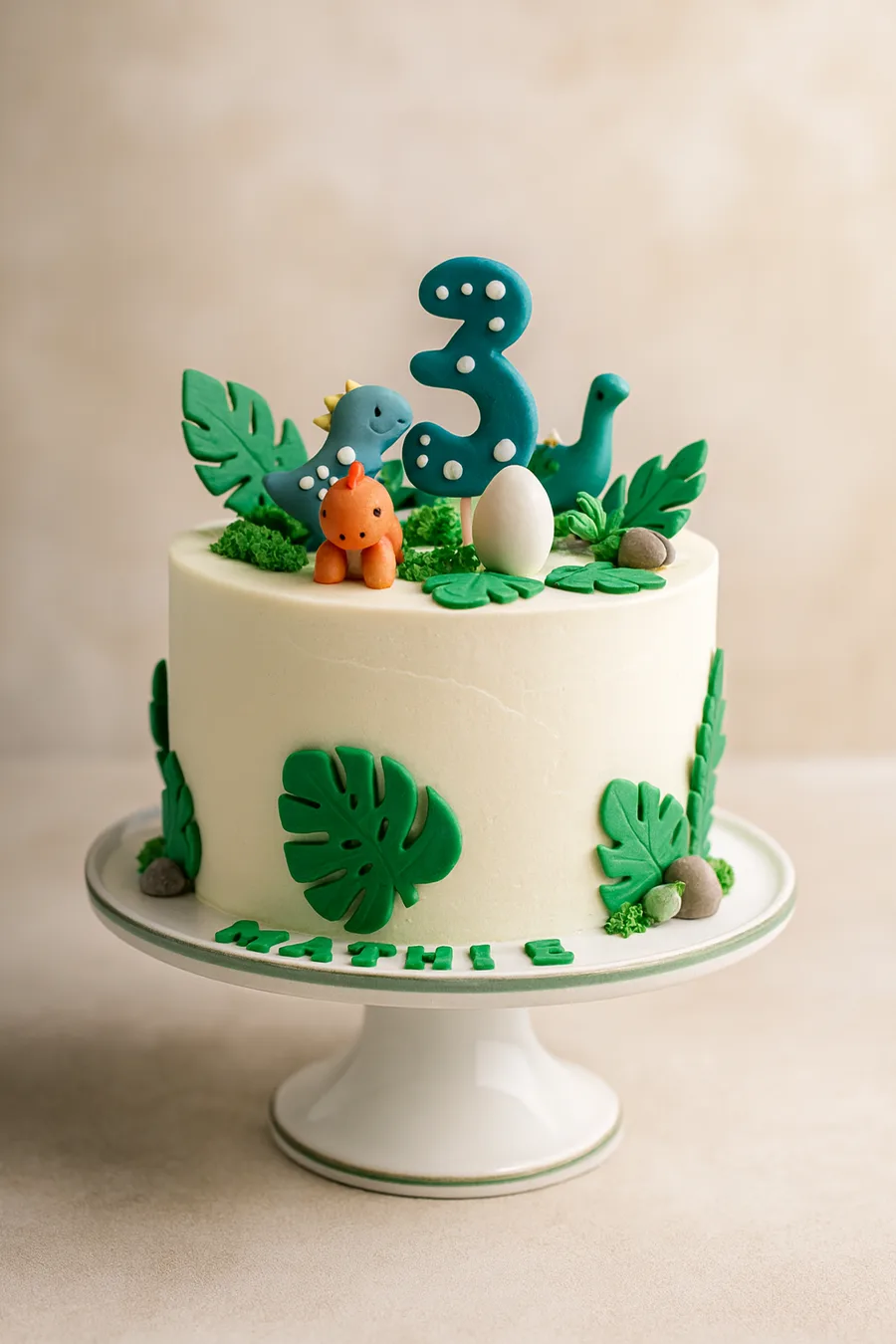 Dinosaur adventure birthday cake with fondant dinosaurs, tropical leaves, a hidden egg and the child's name and age