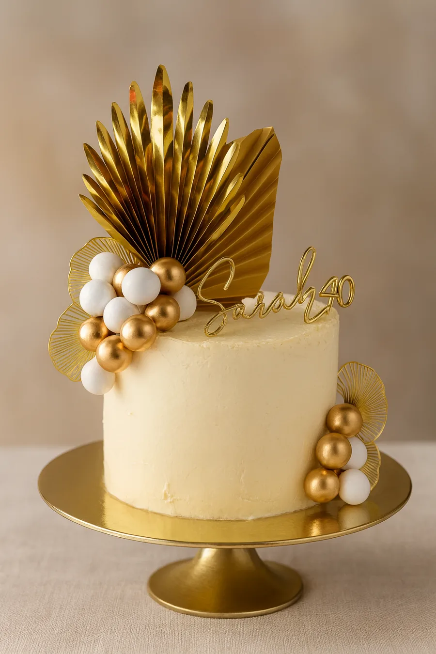 Tall white celebration cake with a gold palm fan, gilded name and chocolate spheres, made to order in McKinney