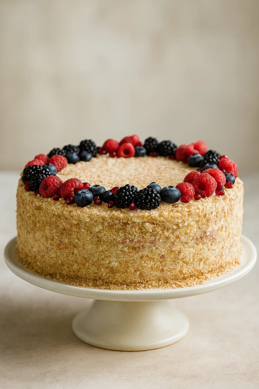 Napoleon cake with layers of puff pastry and custard, golden crumb sides, topped with fresh berries and pomegranate