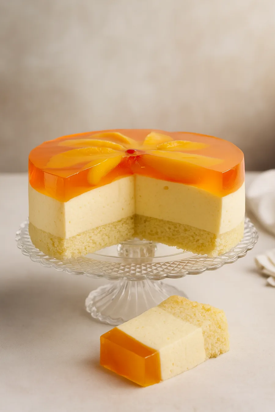 Peach jelly cheesecake with peach slices in orange jelly