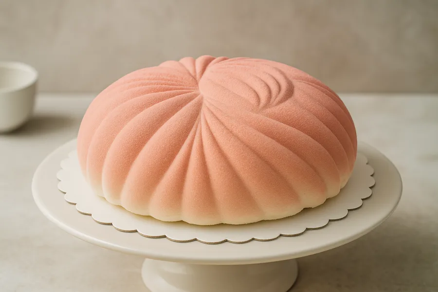 Pink velvet-spray mousse cake in elegant swirl shape