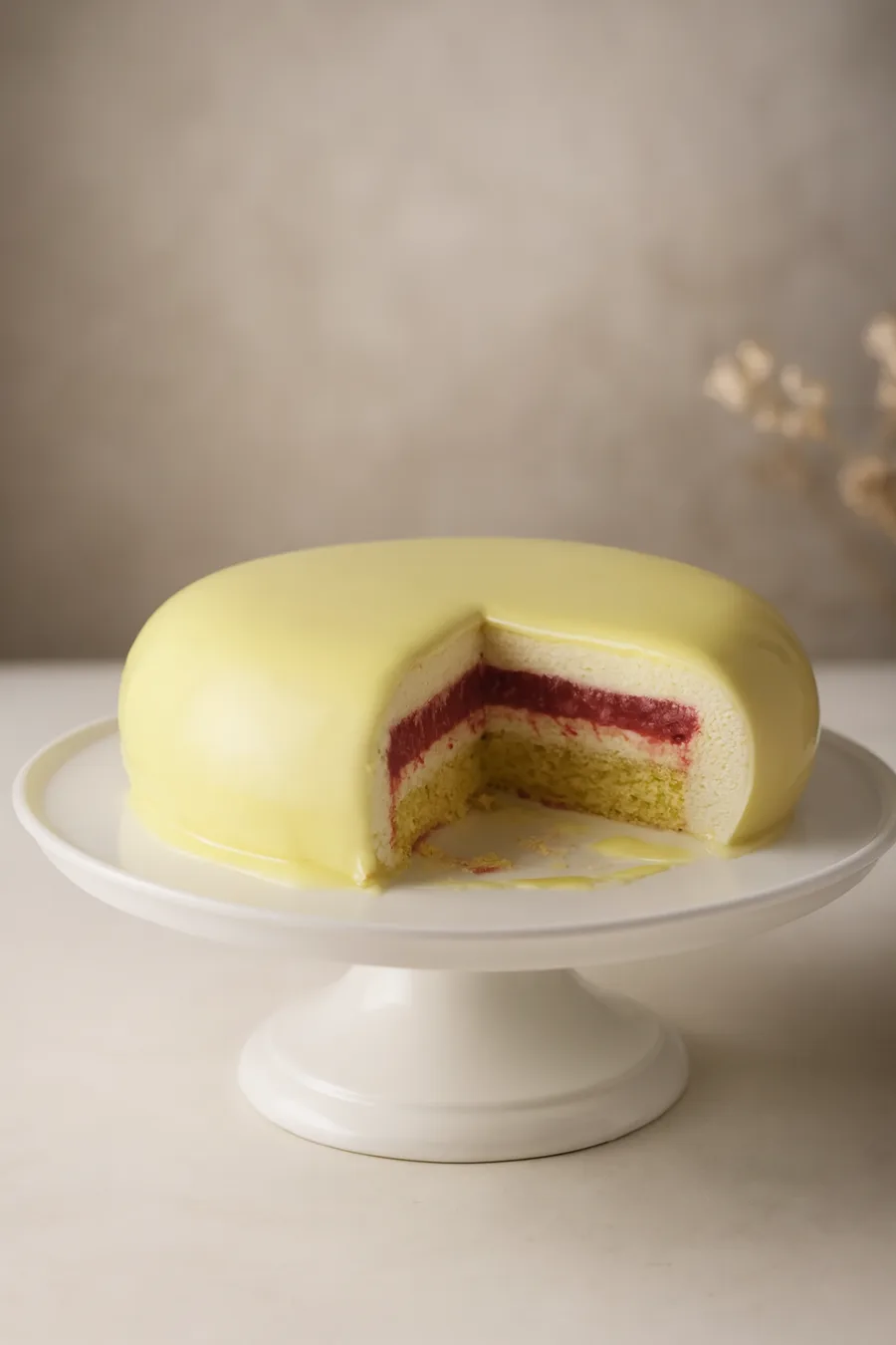 Pistachio glaze mousse cake with raspberry layer