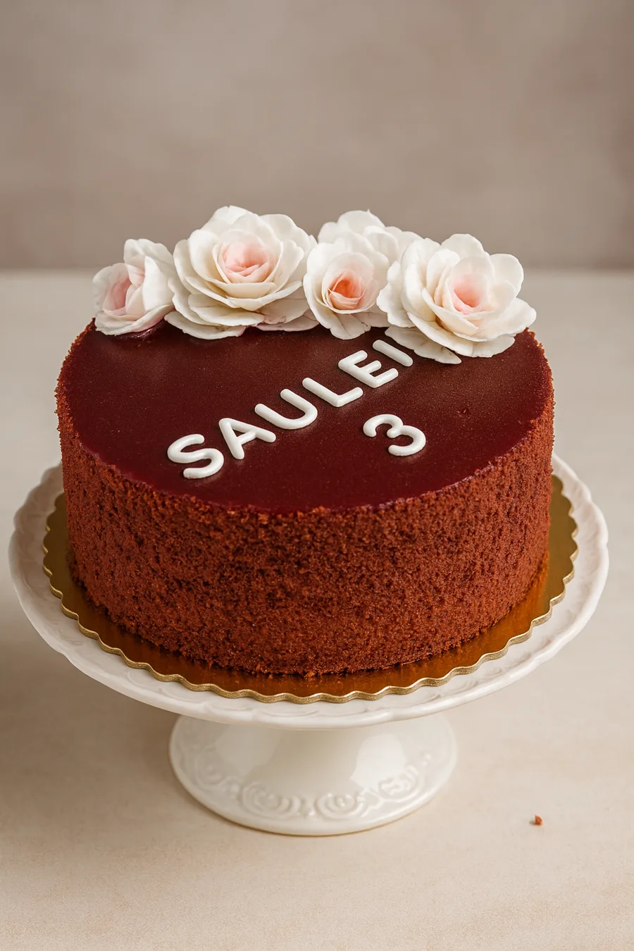 Red velvet cake with berry glaze and wafer paper flowers