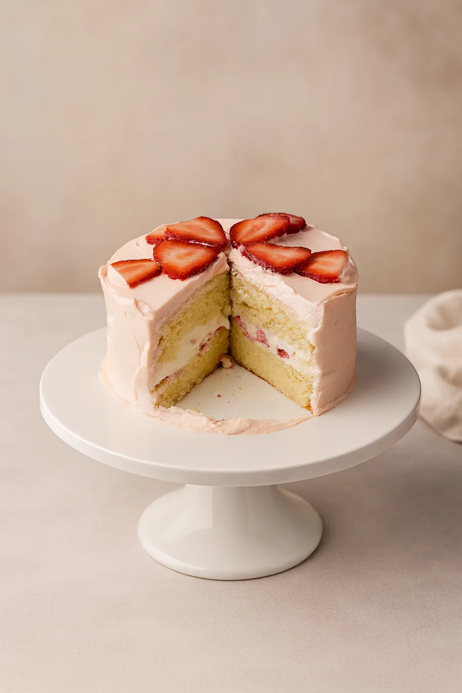 Pink strawberry cream layer cake with fanned strawberries