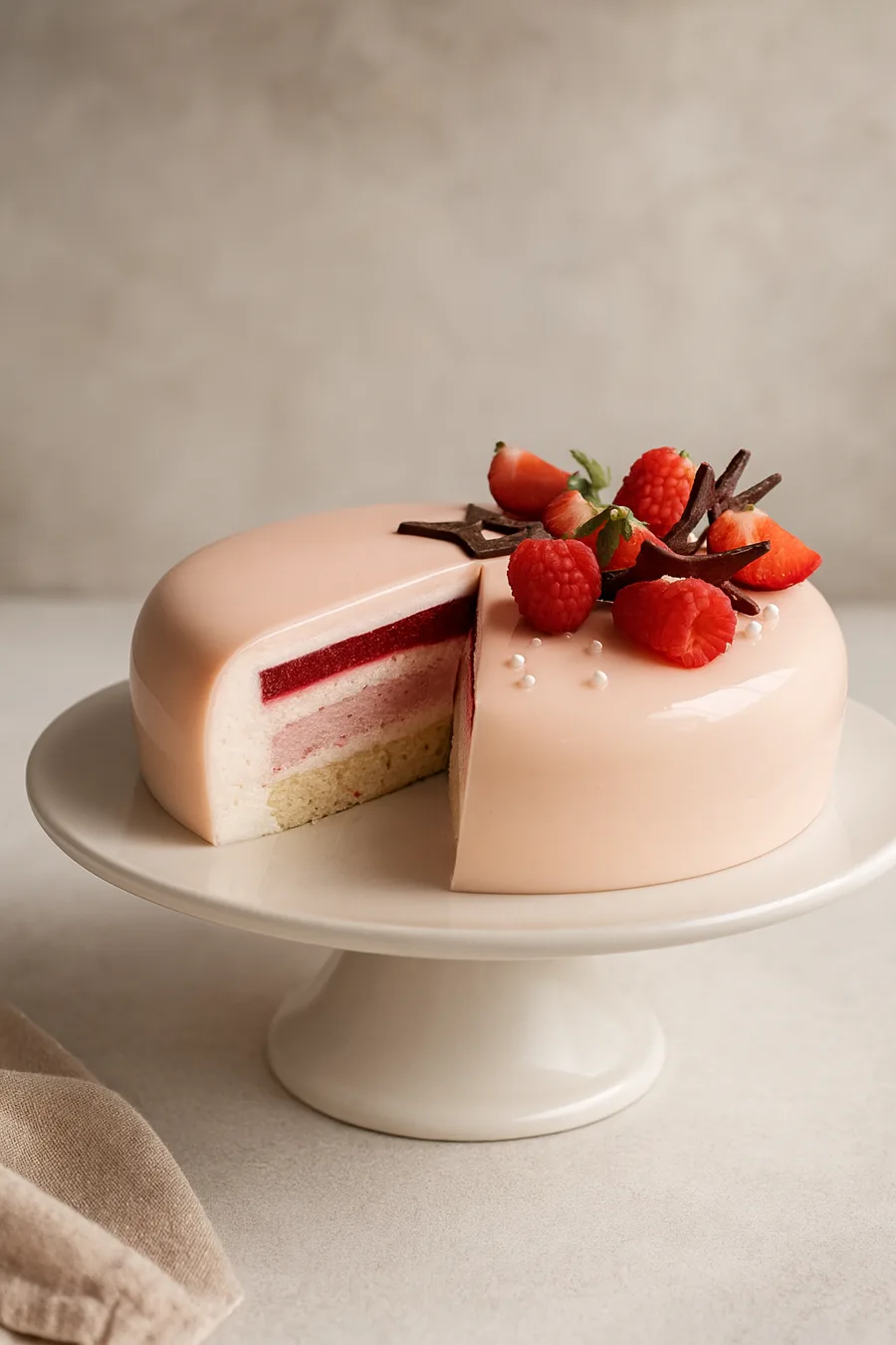 Strawberry mousse cake with pink mirror glaze, fresh berries and chocolate stars