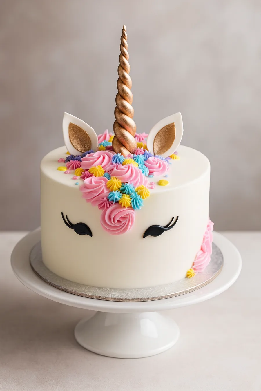 Unicorn cake with gold horn and rainbow buttercream mane