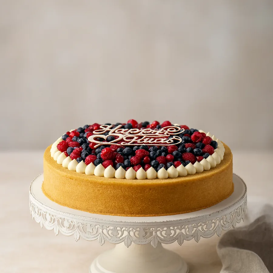 Large wedding berry cheesecake with golden crumb sides, piped vanilla cream, raspberries, blueberries and a personalized topper