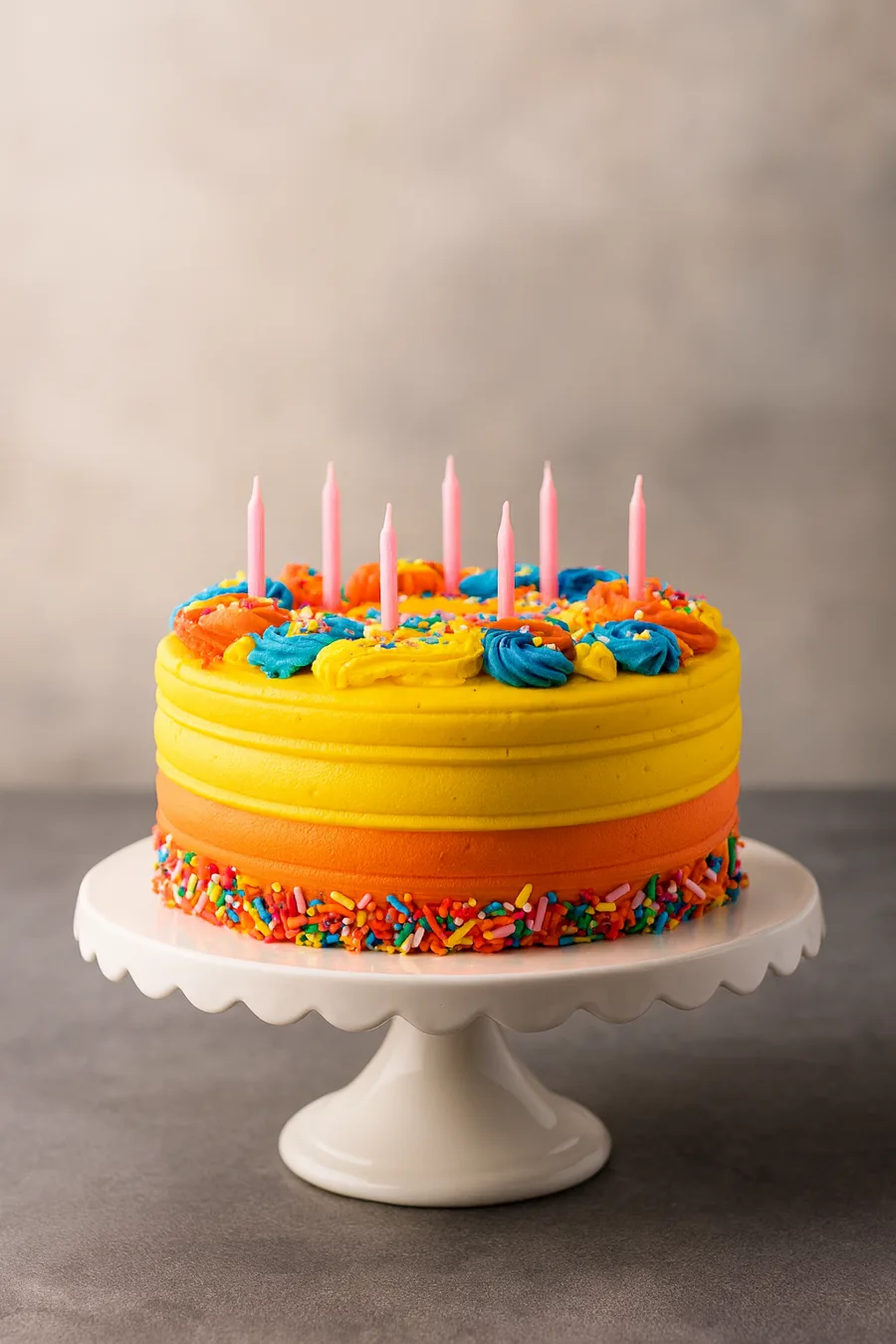 Bright yellow and orange drip birthday cake with sprinkles